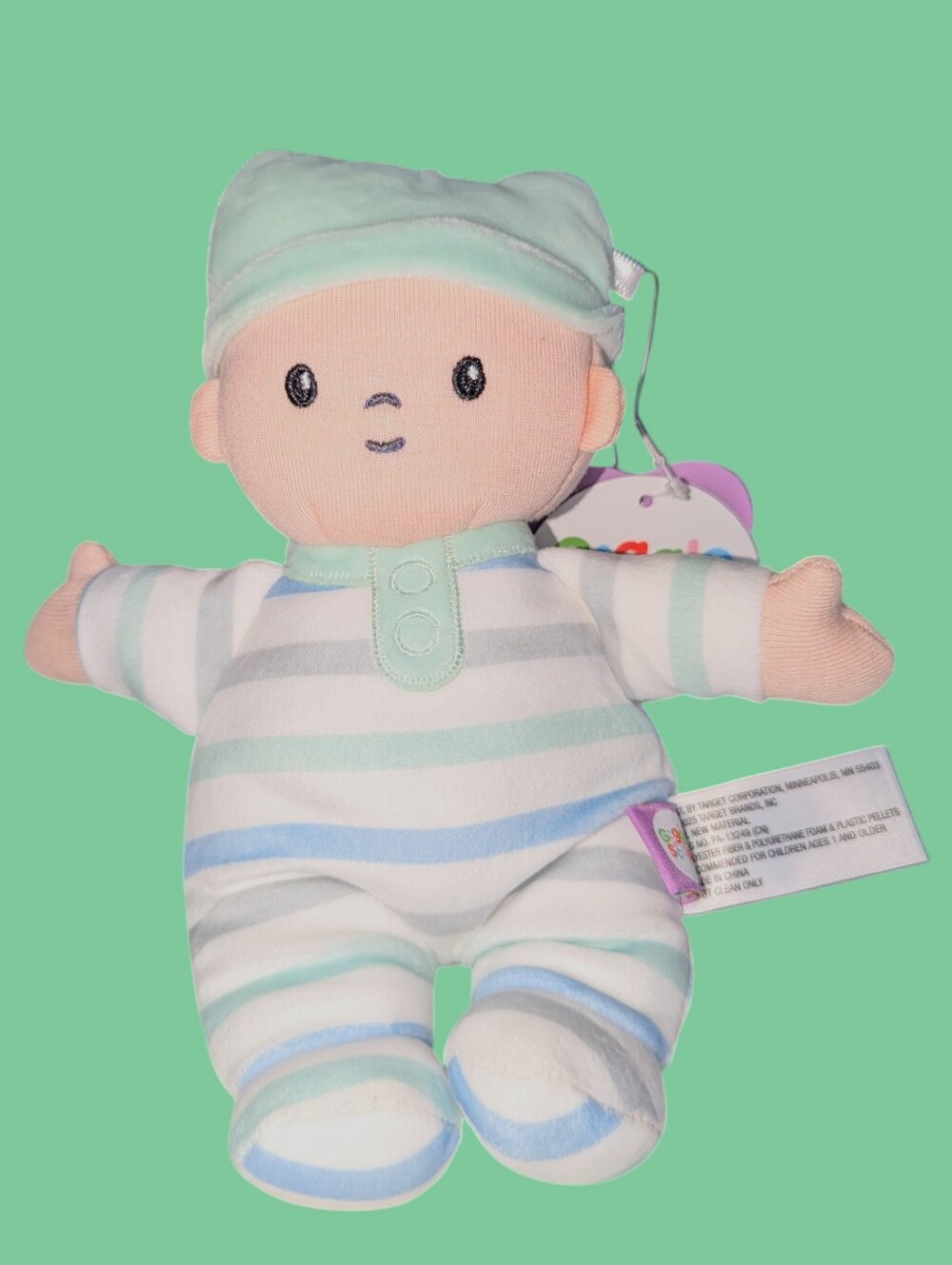 Gigglescape Plush Baby Boy Toy Bow Doll Soft Lovey Green Blue Stripes Bodysuit